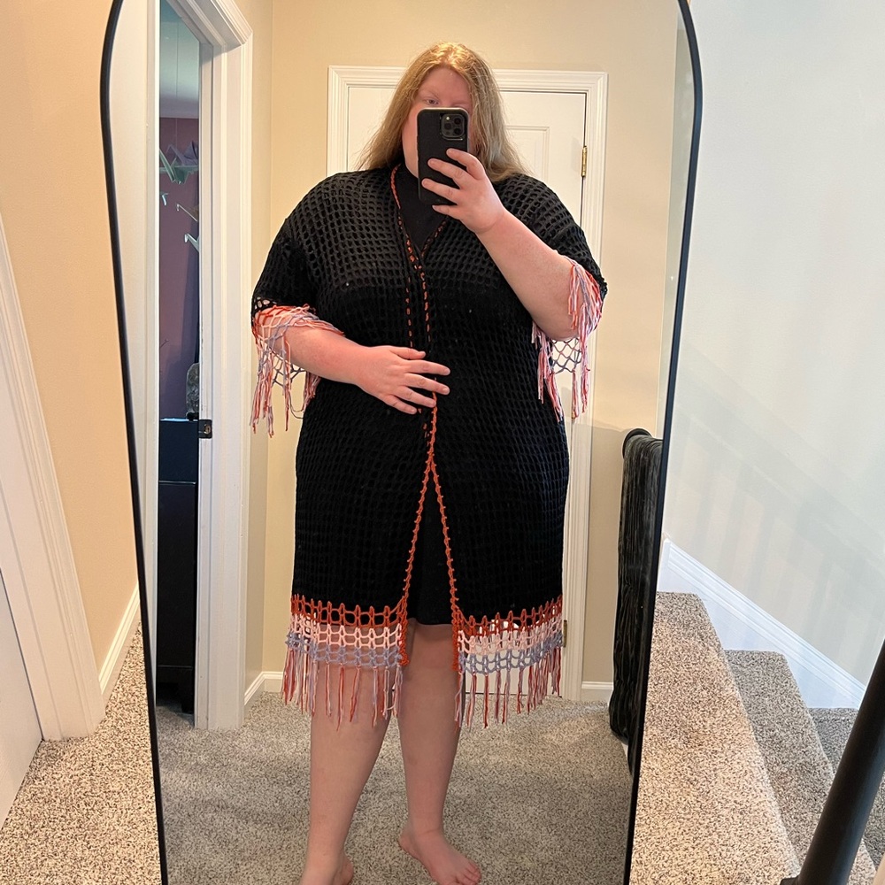 BloomChic Black Crotchet Coverup with Pink and Orange Fringe